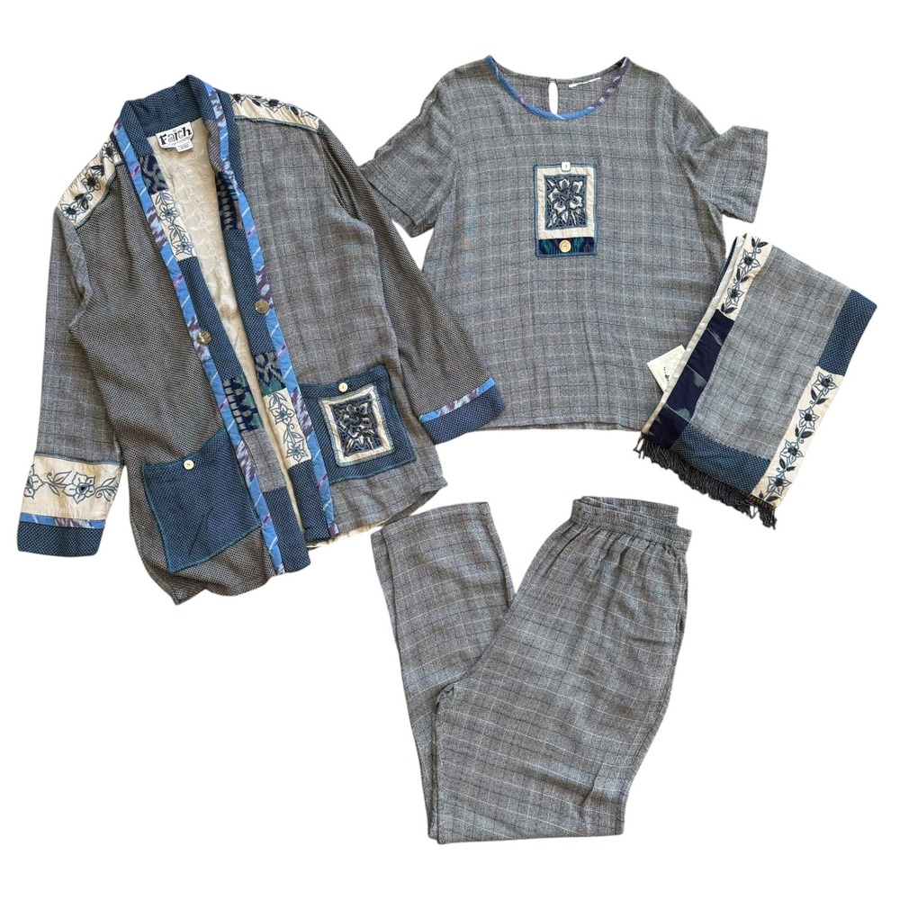 Faith by Celia Forrester 4pc Set Cardigan Top Pants Scarf Gray Blue Rayon L